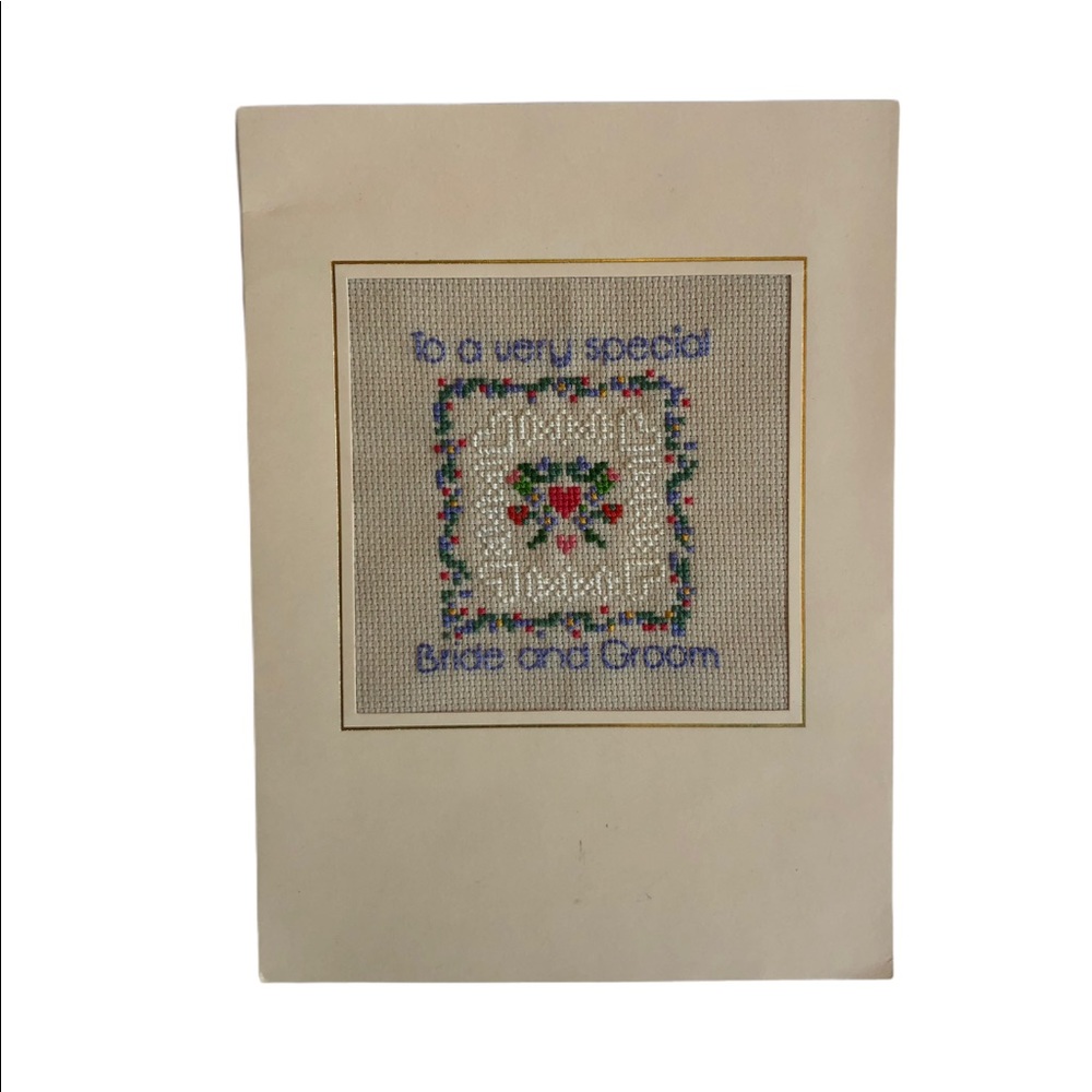 Vtg Handmade Wedding Bridal Gift Card Cross Stitched Original Grandma Core Bride
